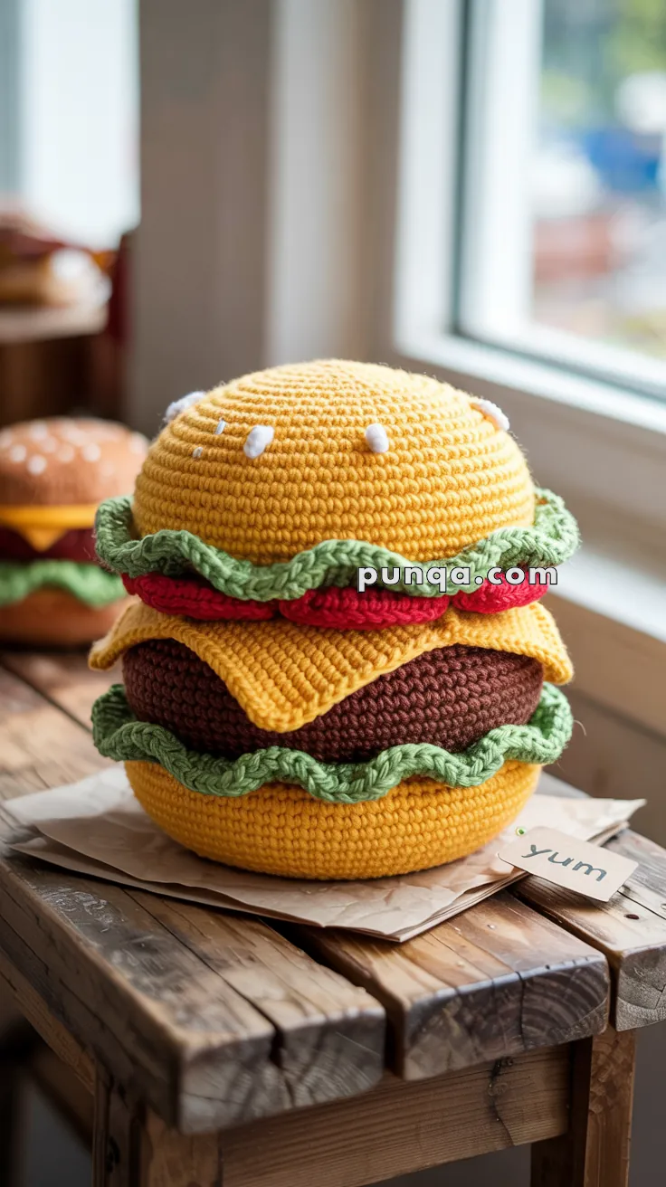 A crocheted hamburger plushie featuring a yellow bun with sesame seeds, green lettuce, red tomato, cheese, and a brown patty, placed on a wooden table beside a paper with "yum" written on it.