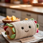 A crochet plush designed to look like a burrito with eyes and a smile, decorated with crocheted toppings like lettuce and tomatoes, displayed on a wooden table with a sign reading "¡Delicioso!" in a sunny kitchen setting.