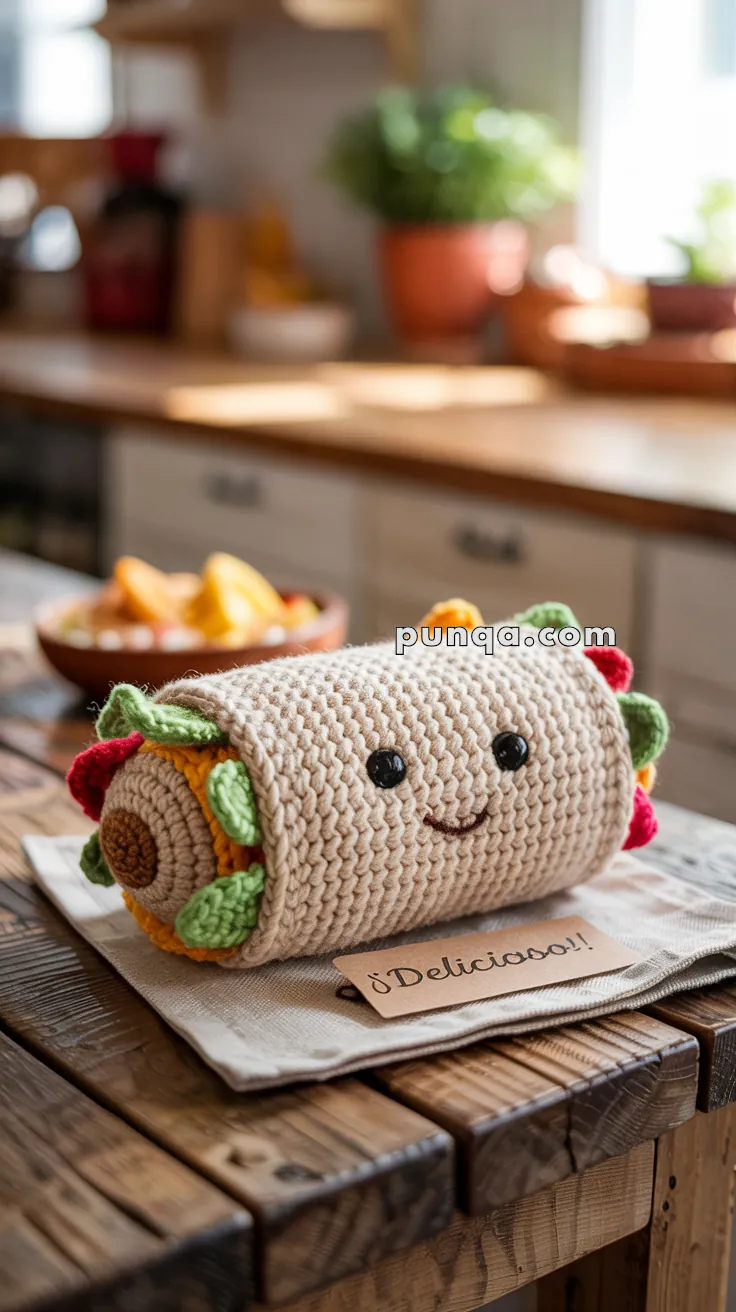 A crochet plush designed to look like a burrito with eyes and a smile, decorated with crocheted toppings like lettuce and tomatoes, displayed on a wooden table with a sign reading "¡Delicioso!" in a sunny kitchen setting.