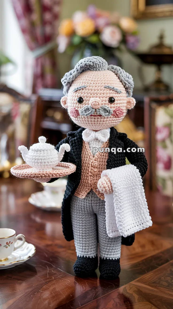 A crocheted butler doll of an elderly man with gray hair and a mustache, dressed in a formal suit with a vest, holding a tray with a teapot and a white cloth, standing on a wooden table with tea cups around it.