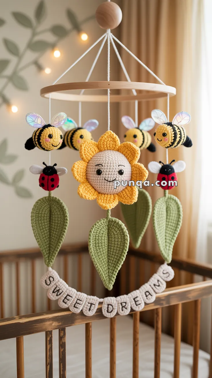 A wooden crib mobile featuring crocheted bees, ladybugs, and a smiling sunflower, with green leaves hanging down, above a crib adorned with the words "Sweet Dreams" in crocheted letters.