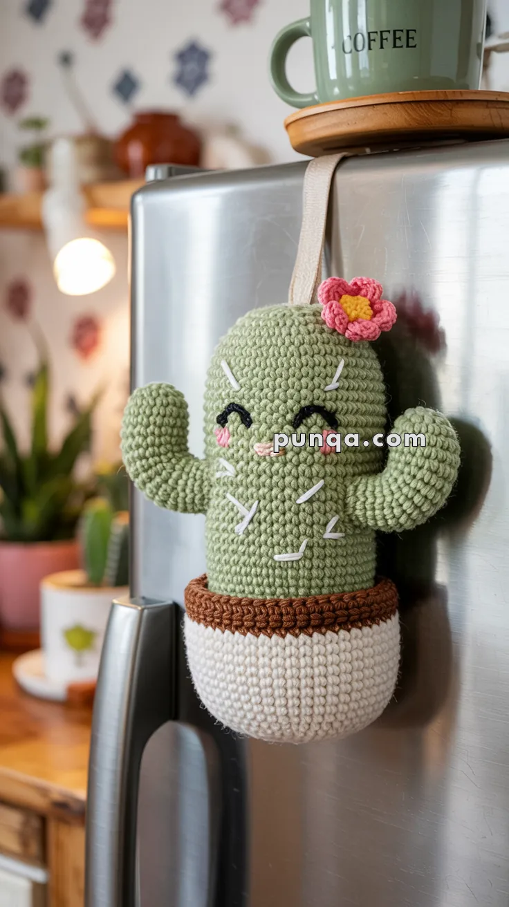 A crocheted green cactus with a pink flower on top, featuring smiling eyes, hangs from a refrigerator in a kitchen. There's a green mug labeled 'COFFEE' on the fridge and a blurred background with plants and kitchen decor.