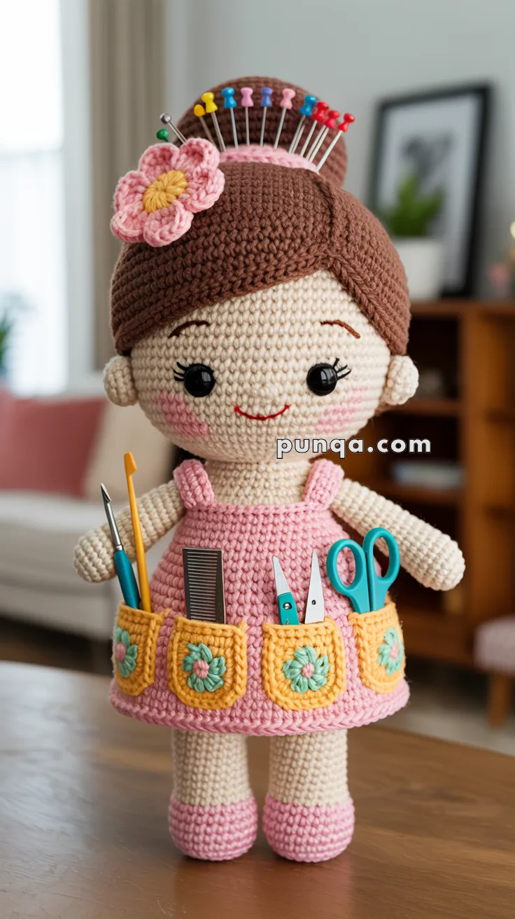 A handmade crochet doll with black eyes and a pink dress featuring pockets filled with sewing tools like scissors and a comb. The doll has brown hair styled in a bun adorned with colorful pins and a pink flower. It stands on a wooden surface in a cozy living room setting.