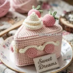 A crocheted slice of cake decorated with cream and strawberry embellishments sits on a floral-patterned plate, accompanied by a small card that reads 'Sweet Dreams.' The background includes balls of pink yarn and a floral tablecloth.