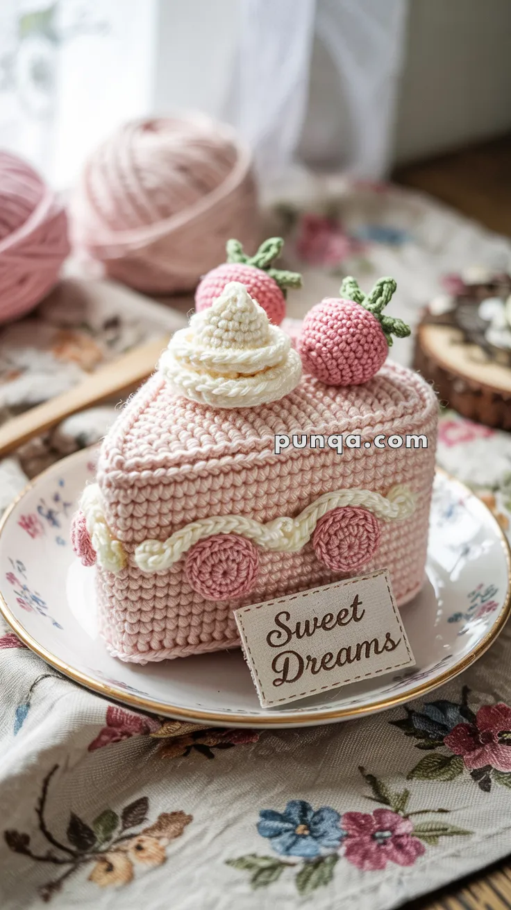 A crocheted slice of cake decorated with cream and strawberry embellishments sits on a floral-patterned plate, accompanied by a small card that reads 'Sweet Dreams.' The background includes balls of pink yarn and a floral tablecloth.