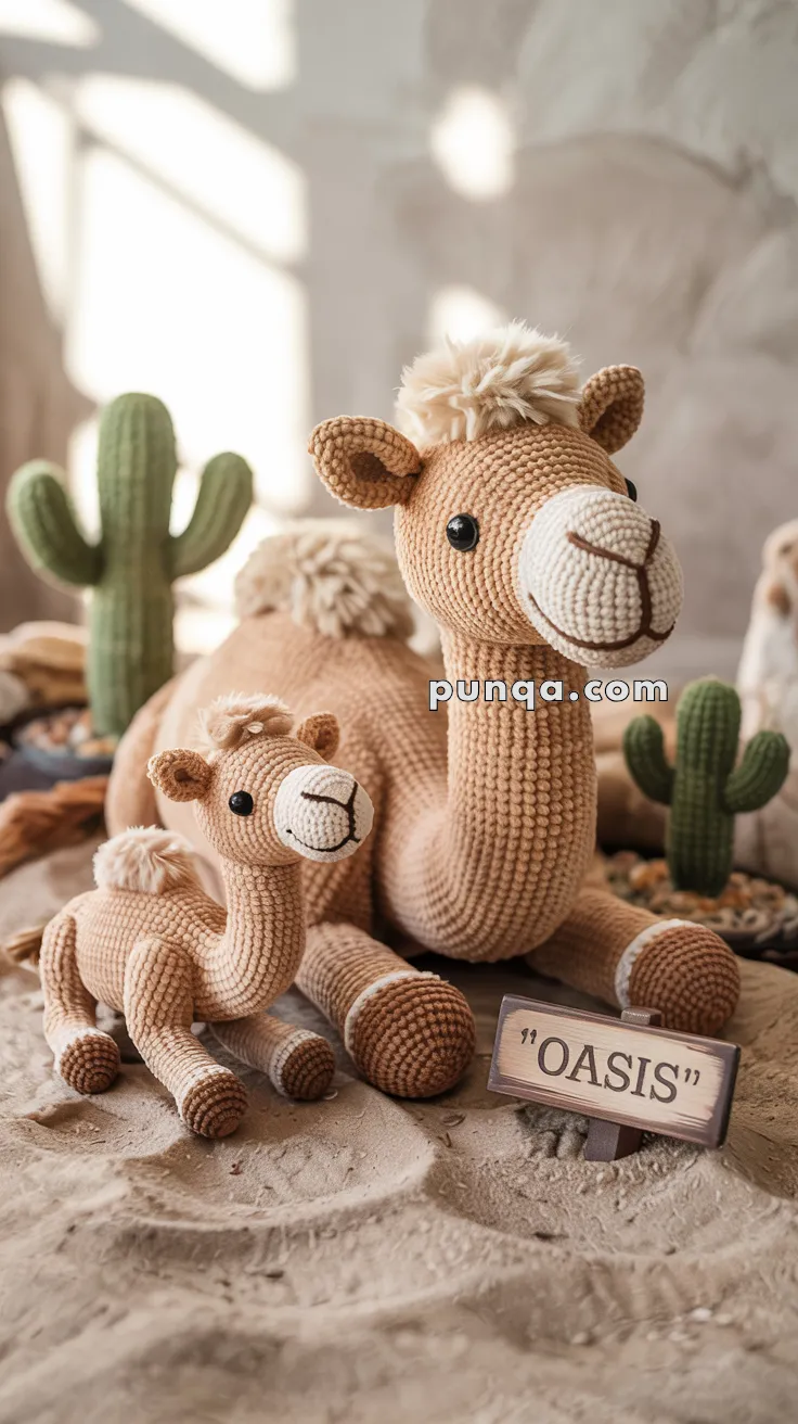 A knitted camel toy with a smaller camel in front, surrounded by knitted cacti, and a sign reading "OASIS" on a sandy surface.