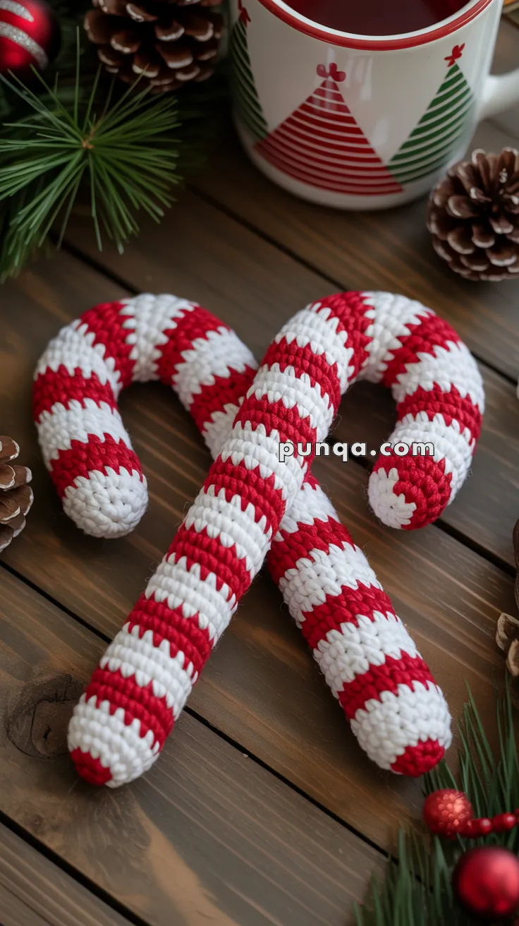Two crocheted candy canes with red and white stripes on a wooden table, surrounded by pine branches, pinecones, and a mug with a festive design.