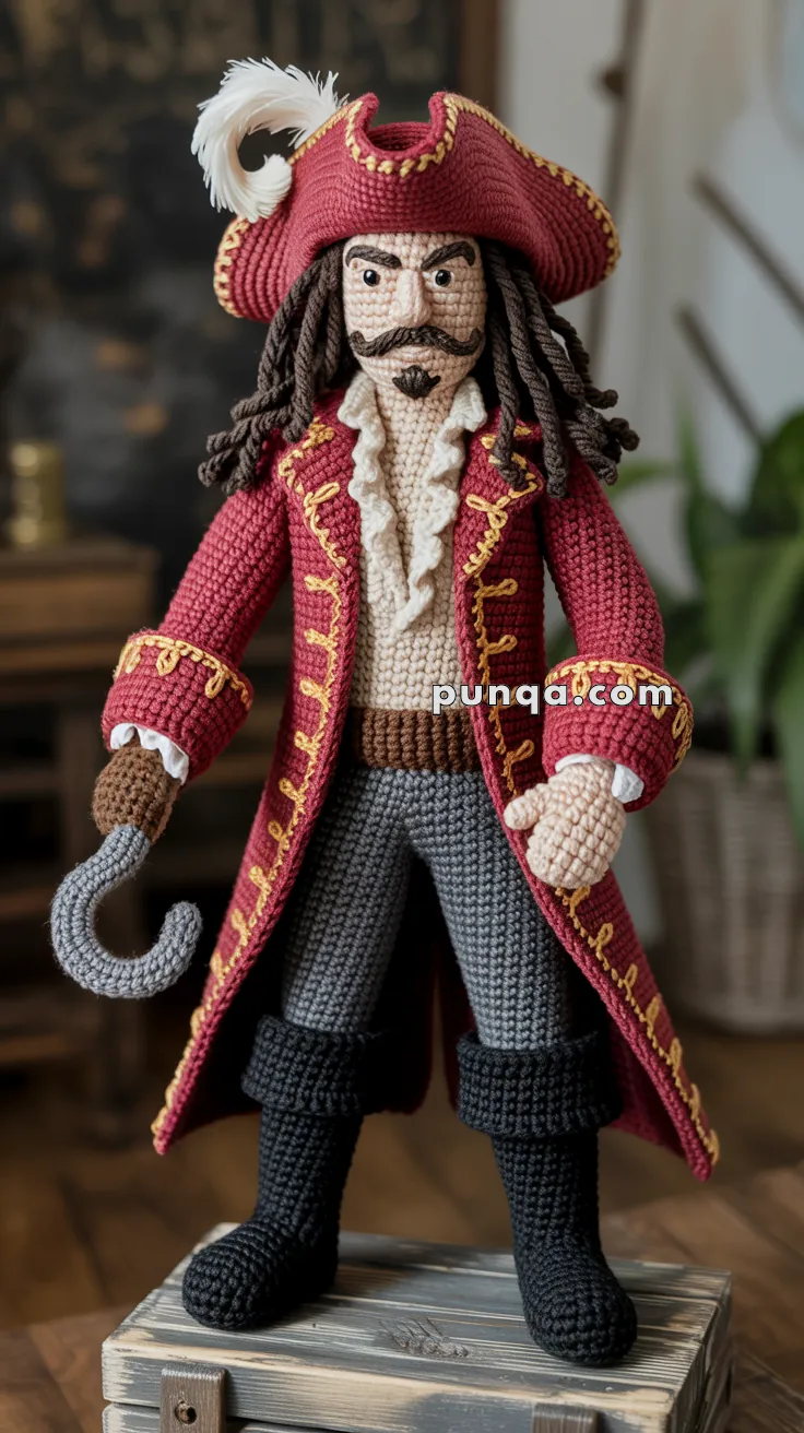A crochet doll resembling a pirate with a red coat detailed with gold embroidery, a feathered tricorn hat, a hooked hand, and black boots, standing on a wooden box.