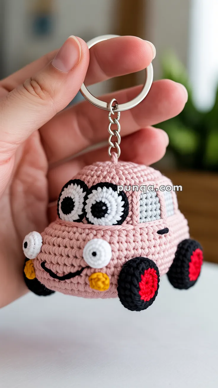 A hand holding a crocheted keychain shaped like a cute pink car with large, expressive eyes and colorful wheels.