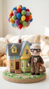 Crocheted model of a house with colorful balloons attached, alongside a figure of an elderly man with glasses and a satchel.