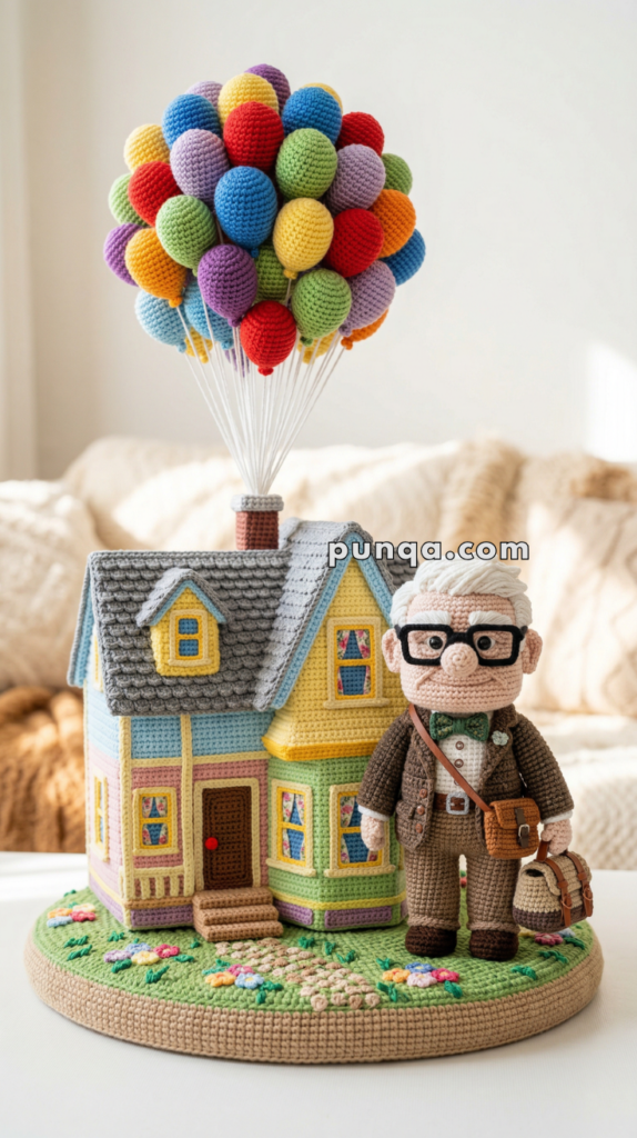 Crocheted model of a house with colorful balloons attached, alongside a figure of an elderly man with glasses and a satchel.