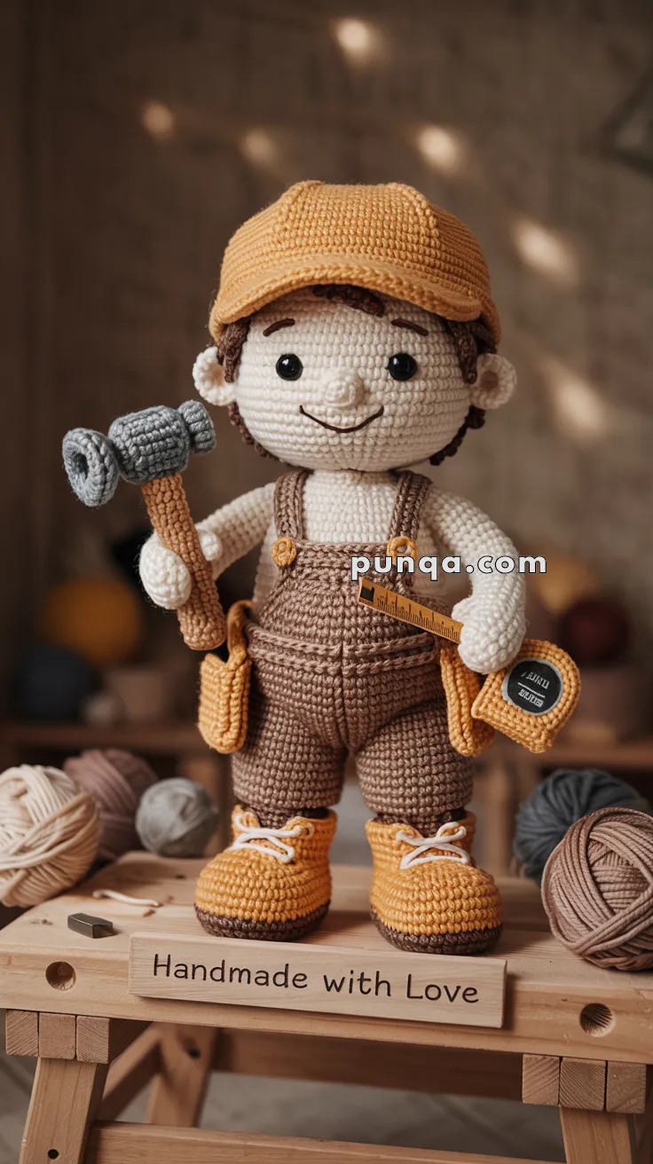 A crochet carpenter doll resembling a construction worker, wearing a brown cap, overalls, and yellow boots, holding a hammer and a measuring tape, standing on a wooden table labeled 'Handmade with Love.'