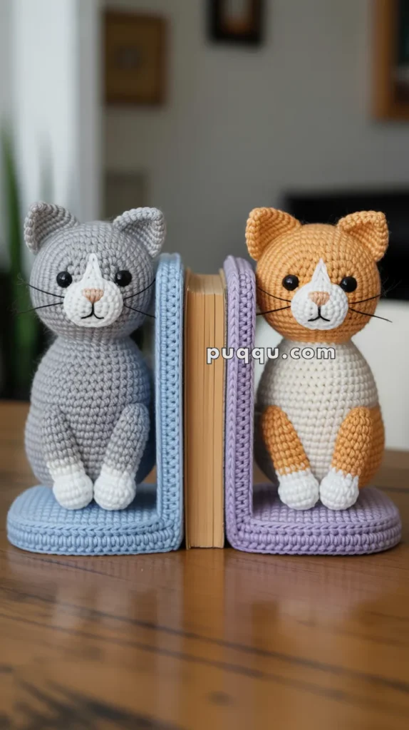 Two crocheted cat bookends, one gray and one orange, positioned on either side of an upright book, against a blurred indoor background.