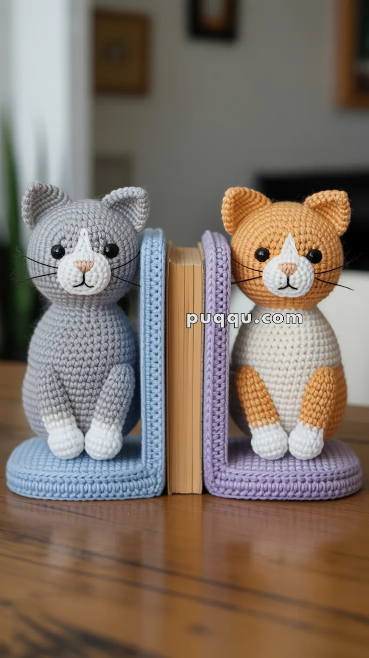Two crocheted cat bookends, one gray and one orange, positioned on either side of an upright book, against a blurred indoor background.