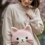 A person wearing a beige sweatshirt and skirt, holding a pink crocheted handbag shaped like a cat's face, with cherry blossom trees in the background.