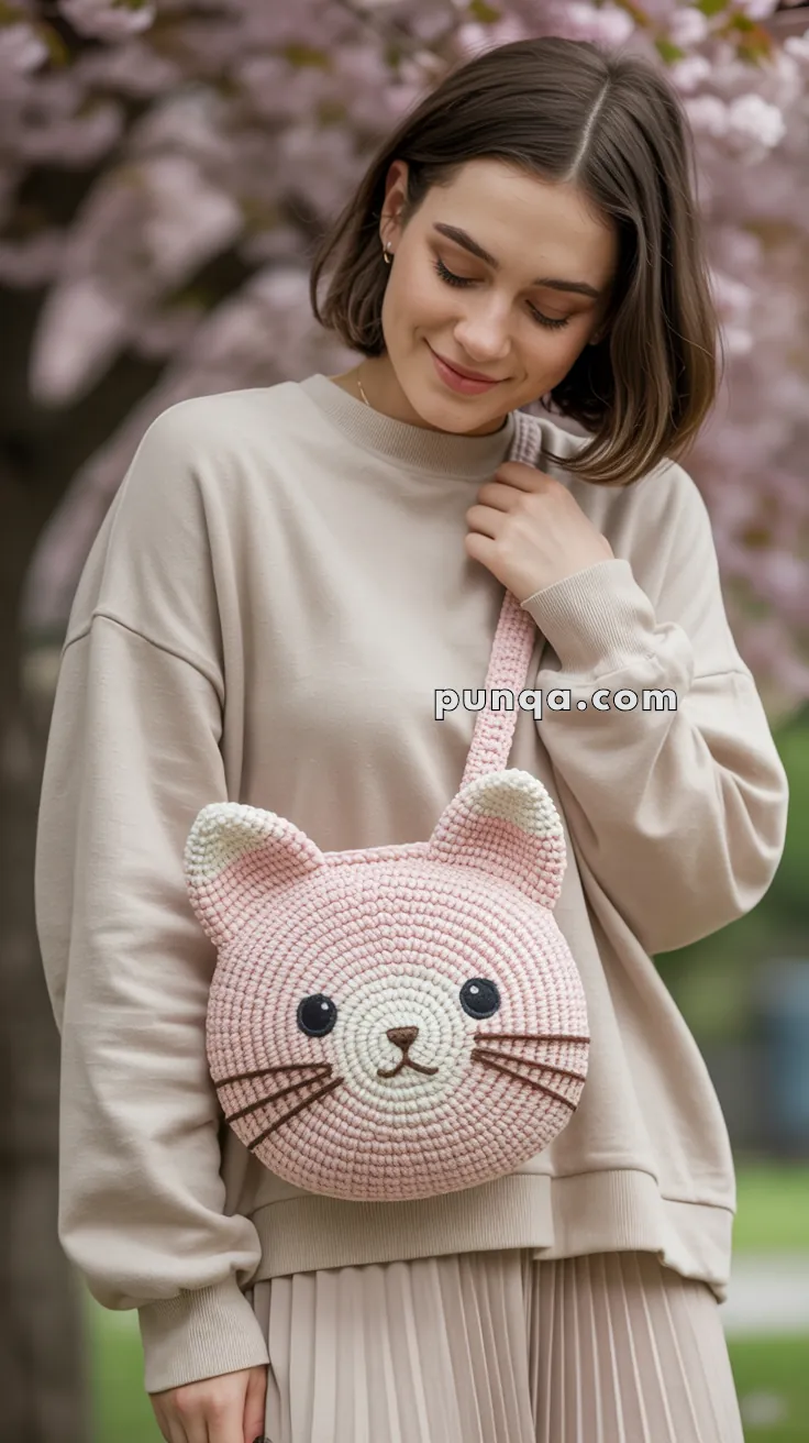 A person wearing a beige sweatshirt and skirt, holding a pink crocheted handbag shaped like a cat's face, with cherry blossom trees in the background.