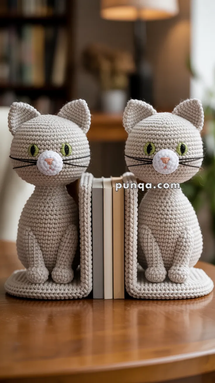 Two crocheted cat-shaped bookends holding three books on a wooden table, with a blurred background.