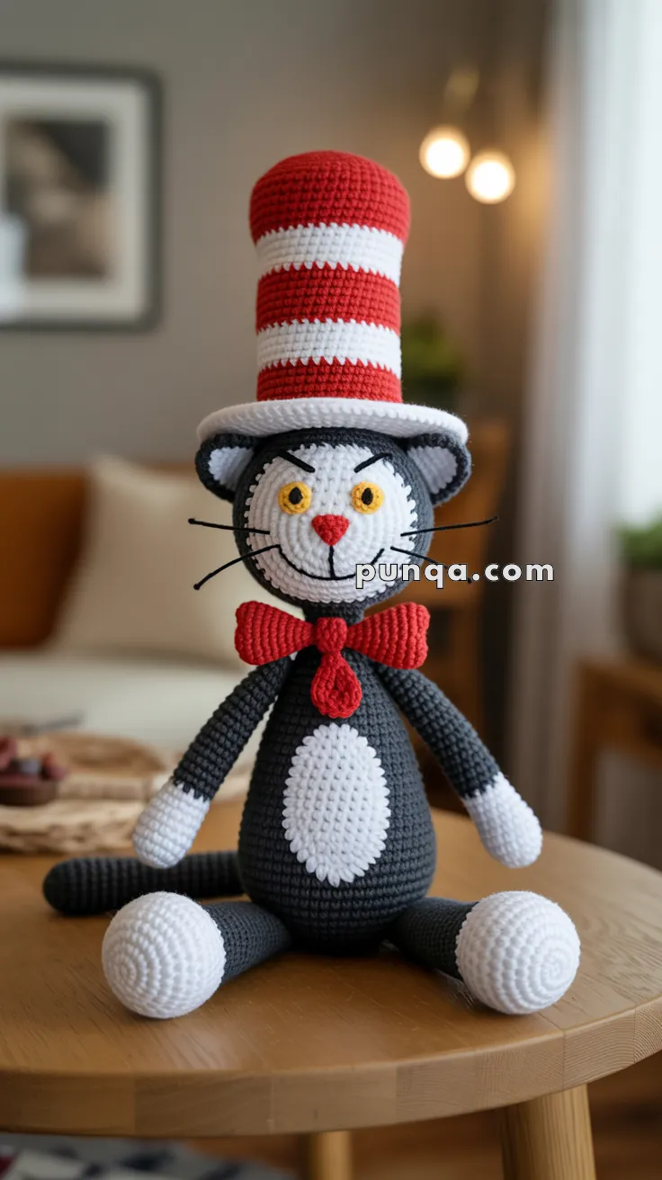 A crocheted toy cat dressed in a red and white striped hat and a red bow tie, sitting on a wooden table in a warmly lit room.