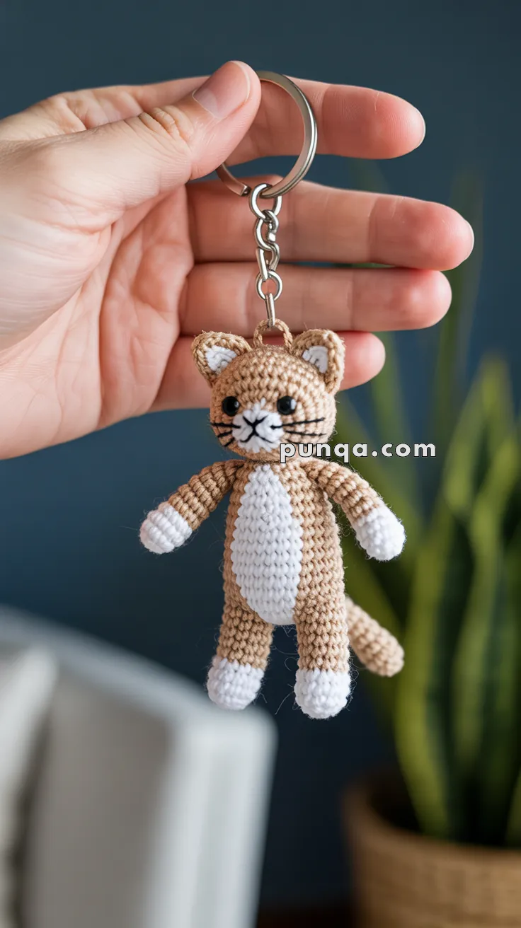 A hand holds a crocheted cat keychain with a beige and white body, featuring black button eyes and embroidered facial details.