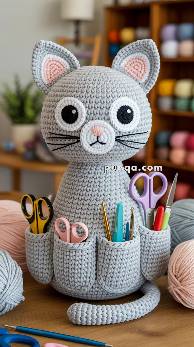 A crocheted grey cat-shaped organizer with large eyes and pink ears, holding various craft tools like scissors and knitting needles in its pockets, set on a workspace filled with yarns and crafting materials.