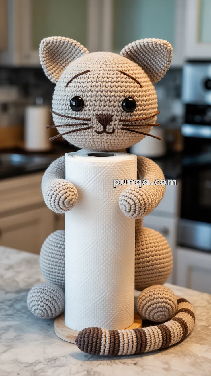 A crocheted cat-shaped paper towel holder with a roll of paper towels, set on a kitchen countertop.