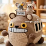 A crocheted Totoro bus with a large grin and yellow eyes, featuring crocheted mice wearing flowers on their heads sitting on top, set in a cozy room with blurred background.