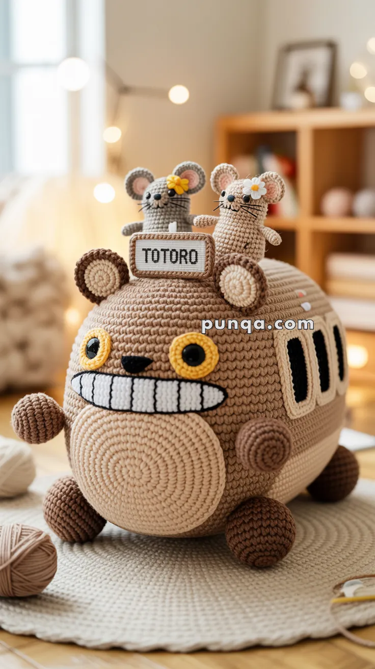 A crocheted Totoro bus with a large grin and yellow eyes, featuring crocheted mice wearing flowers on their heads sitting on top, set in a cozy room with blurred background.