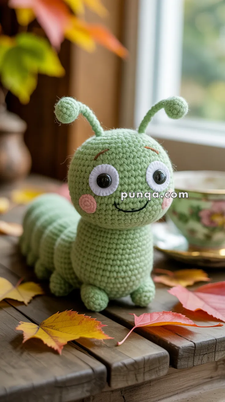 A crocheted green caterpillar toy with large eyes and a smiling face, sitting on a wooden surface surrounded by autumn leaves and a floral teacup in the background.