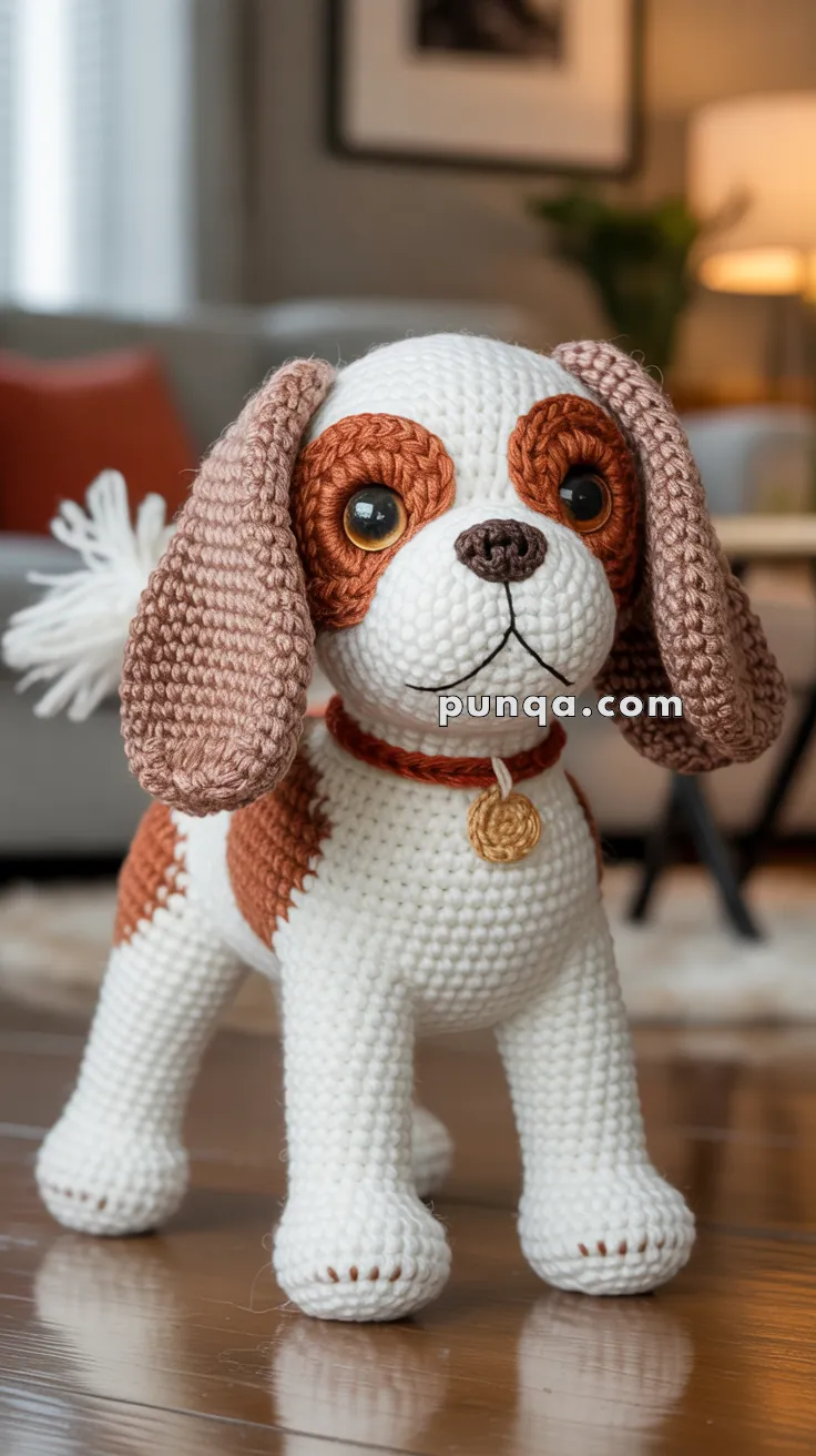 A crocheted toy dog designed to resemble a cute, small breed with white and brown coloring, featuring large button-like eyes and a collar with a medallion, standing on a wooden floor in a cozy living room setting.