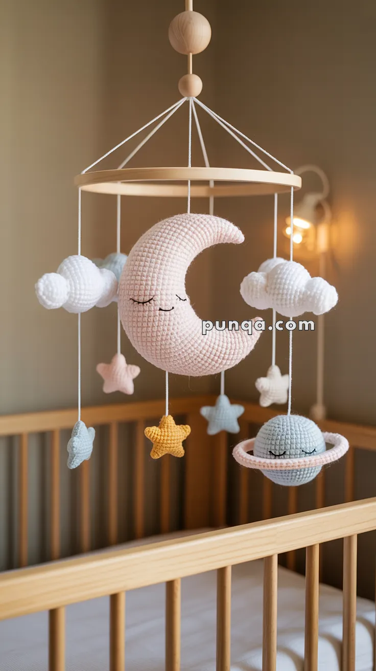 A baby mobile hanging over a crib, featuring crocheted elements including a crescent moon, clouds, stars, and a ringed planet in pastel colors.