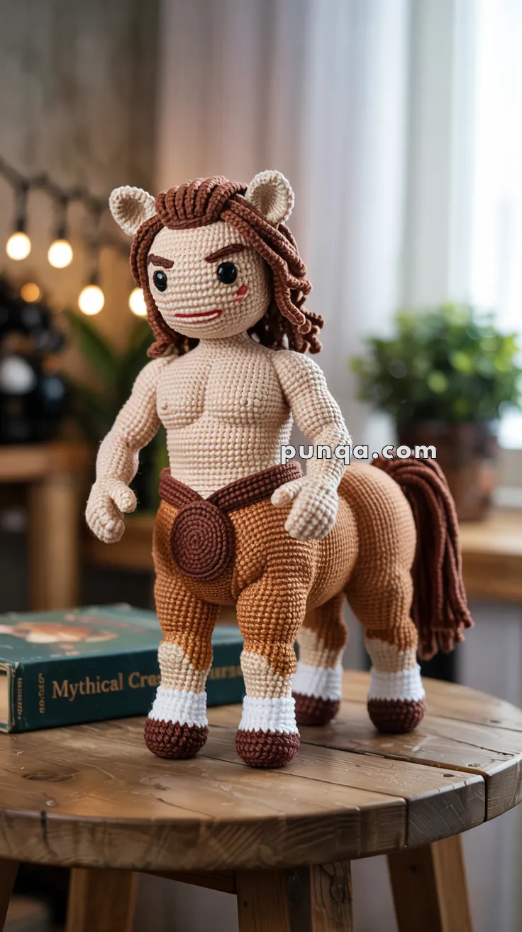 A crocheted centaur figure with a human upper body and a horse lower body, featuring brown and beige yarn, standing on a wooden table with a book titled 'Mythical Creatures' in the background.