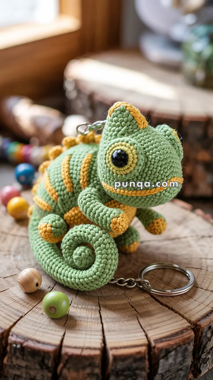A crocheted chameleon keychain with green and yellow yarn sits on a wooden surface, surrounded by colorful beads.