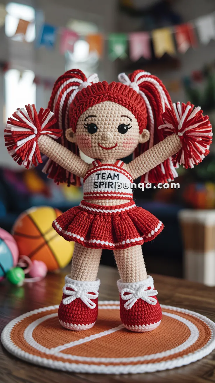 A crocheted doll dressed as a cheerleader with red and white pom-poms, featuring the text 'TEAM SPIRIT' on her top. She stands on an orange and white crocheted mat, with a playful and colorful background, including a basketball.