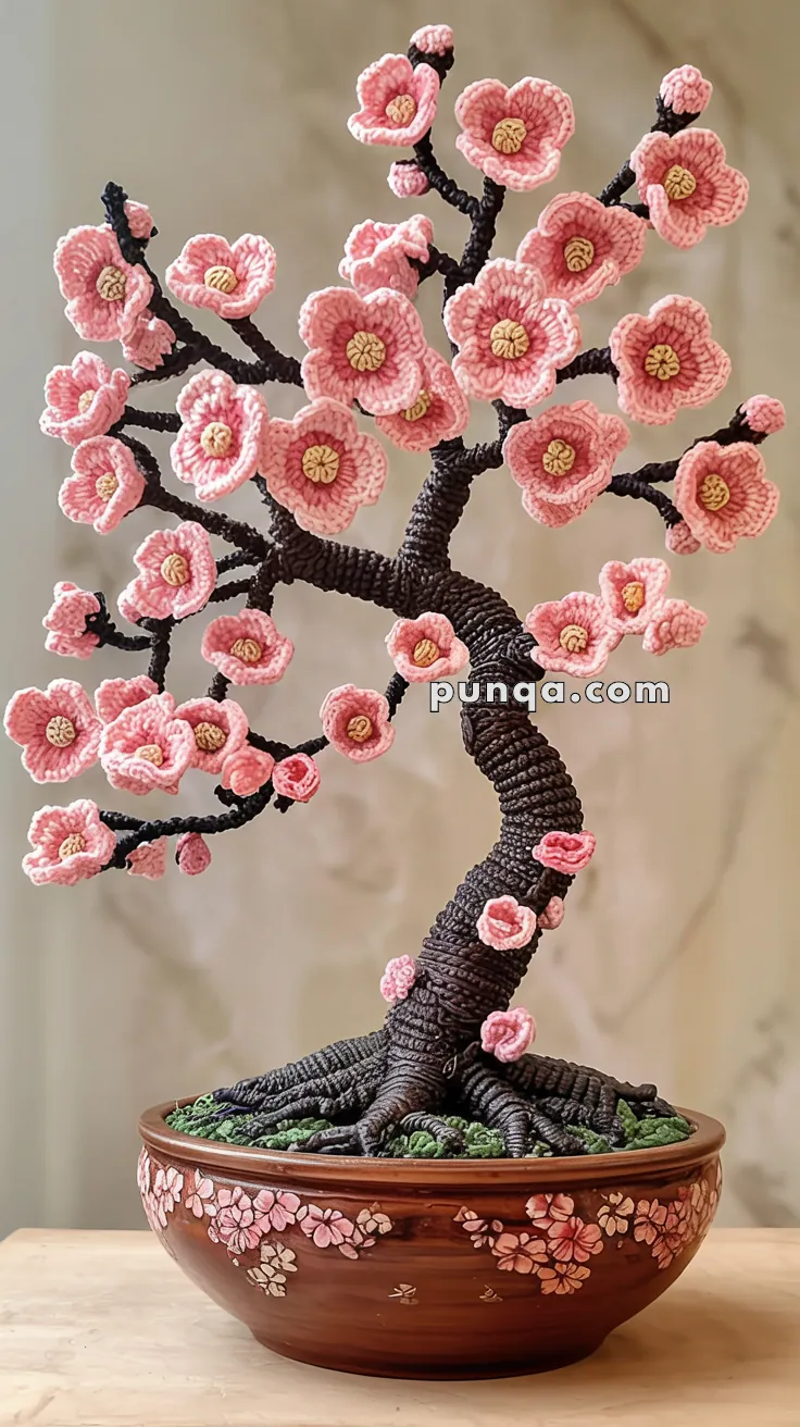 A crochet art piece depicting a cherry blossom tree with pink flowers, placed in a decorative pot with floral designs.