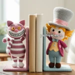 Crocheted bookends featuring characters; a pink and white striped cat with a wide grin on the left and a character wearing a top hat and colorful outfit on the right, holding up several books on a wooden table.