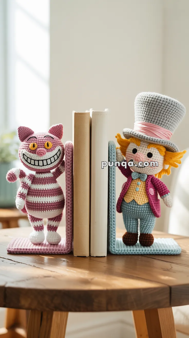 Crocheted bookends featuring characters; a pink and white striped cat with a wide grin on the left and a character wearing a top hat and colorful outfit on the right, holding up several books on a wooden table.