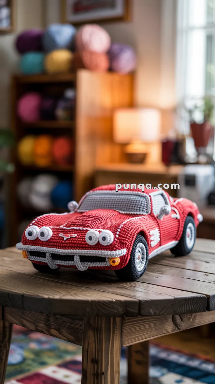 A crocheted red toy car with large eyes and detailed features is placed on a wooden table. The background shows colorful yarn balls and a softly lit room, contributing to a cozy atmosphere.