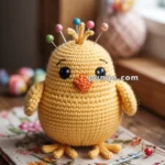 A yellow crocheted bird stuffed toy with colorful pinhead needles inserted, sitting on a floral-patterned fabric in a cozy, wooden indoor setting.