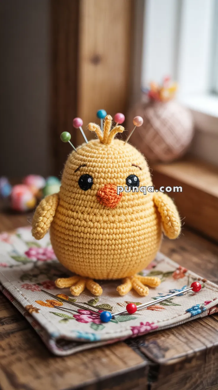 A yellow crocheted bird stuffed toy with colorful pinhead needles inserted, sitting on a floral-patterned fabric in a cozy, wooden indoor setting.
