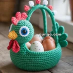 A crochet rooster-shaped basket holding several eggs, placed on a wooden surface with plants in the background.