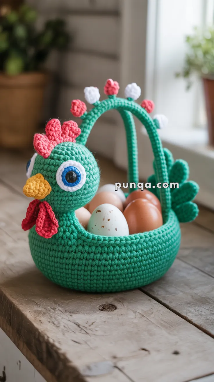 A crochet rooster-shaped basket holding several eggs, placed on a wooden surface with plants in the background.