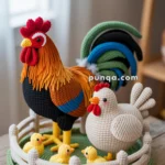 Crochet figures of a colorful rooster, a white hen, and three yellow chicks standing on a round green mat with a white fence, placed on a wooden table.