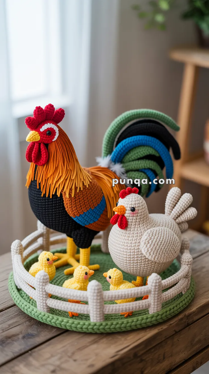 Crochet figures of a colorful rooster, a white hen, and three yellow chicks standing on a round green mat with a white fence, placed on a wooden table.