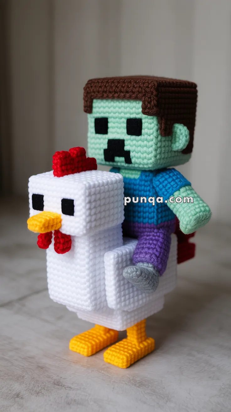 A crocheted doll resembling a pixelated character riding a white chicken, both made with blocky features reminiscent of a popular video game style.