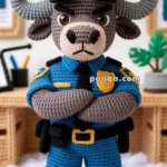 A crocheted plush toy of an anthropomorphic buffalo dressed as a police officer, featuring a blue uniform and cap, with a gold badge on the hat. The toy stands on a soft white surface with a desk and accessories blurred in the background.