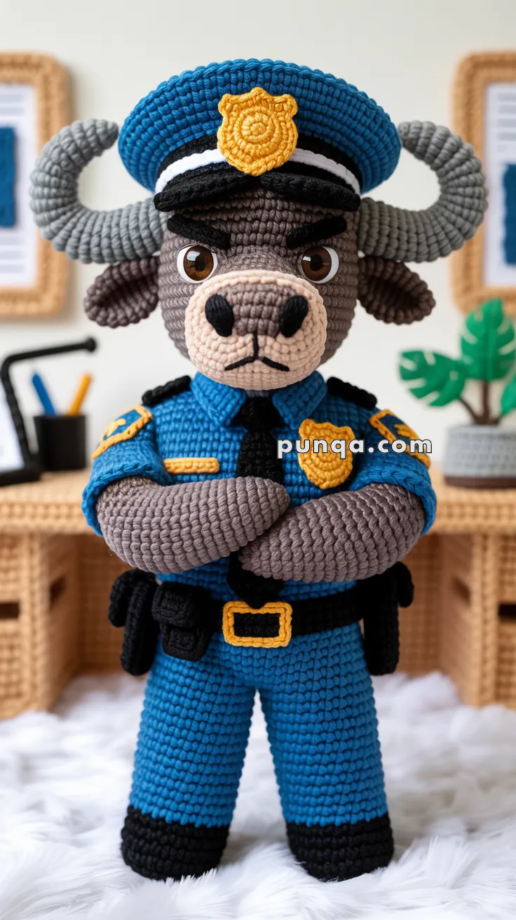 A crocheted plush toy of an anthropomorphic buffalo dressed as a police officer, featuring a blue uniform and cap, with a gold badge on the hat. The toy stands on a soft white surface with a desk and accessories blurred in the background.