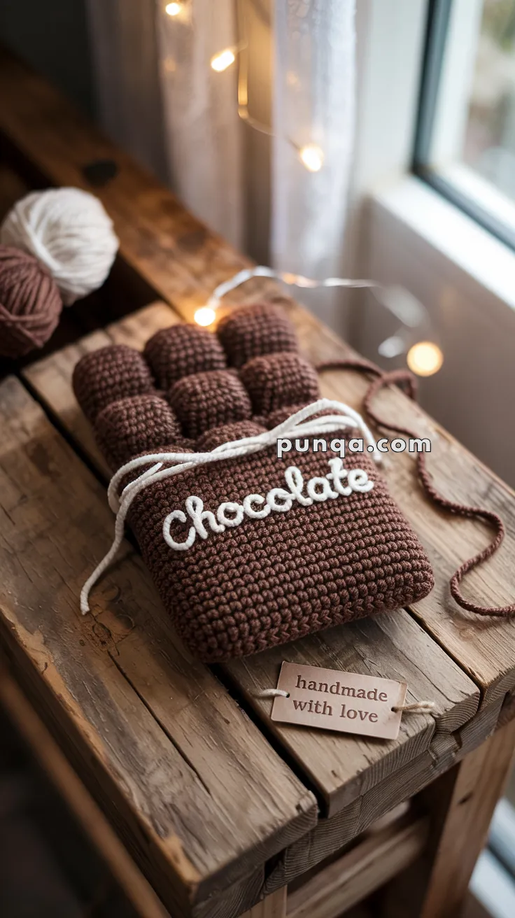 A brown knitted item resembling a chocolate bar with the word "Chocolate" stitched on it, tied with a white string, resting on a wooden surface. Nearby, there is a label reading "handmade with love" and balls of yarn in the background.