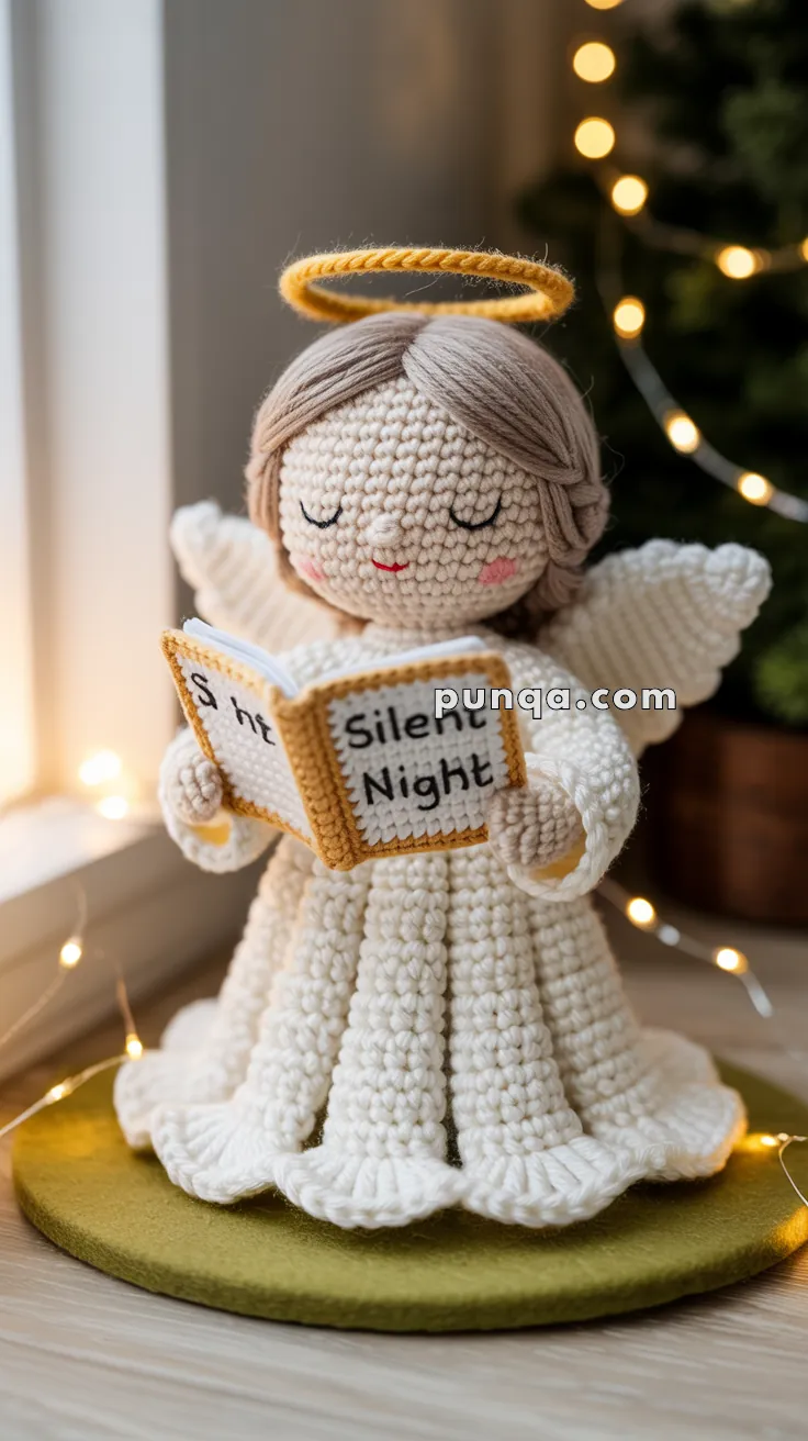 A handmade, crocheted angel figure wearing a white robe and holding a book labeled 'Silent Night', with a yellow halo above its head, set against a softly-lit background adorned with fairy lights.