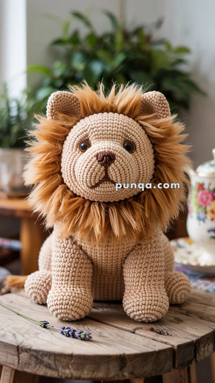 A hand-crocheted lion toy with a fluffy mane sits on a wooden table, surrounded by indoor plants.