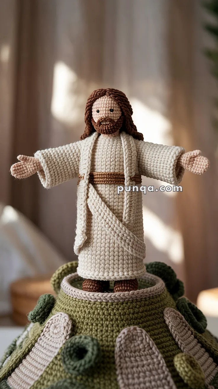 A crocheted Christ The Redeemer Statue doll with long brown hair and a beard, wearing a long cream robe with a brown belt, stands atop a similarly crocheted hill with green patches. The scene appears homemade with a blurred, neutral background.